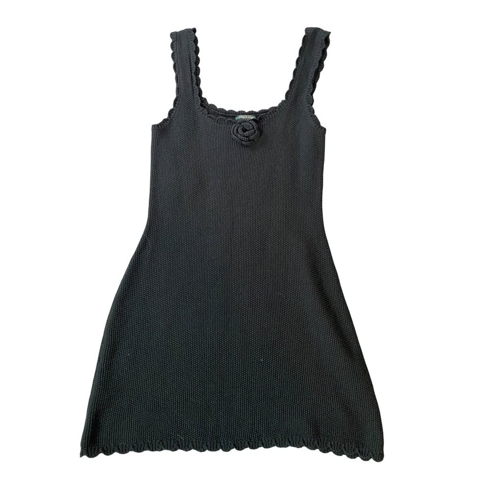 Wild Fable Black Knit Sleeveless Dress Scalloped Hem & Floral Accent Medium